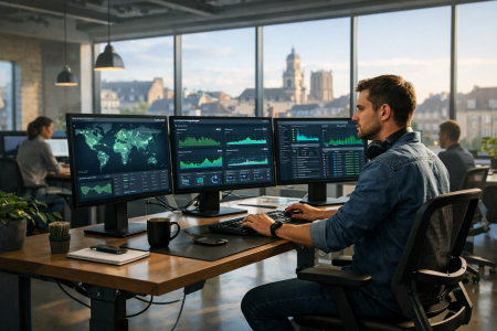 Expert en infogérance KERIONIS supervisant un système d'information  depuis son bureau à Rennes, Ille-et-Vilaine