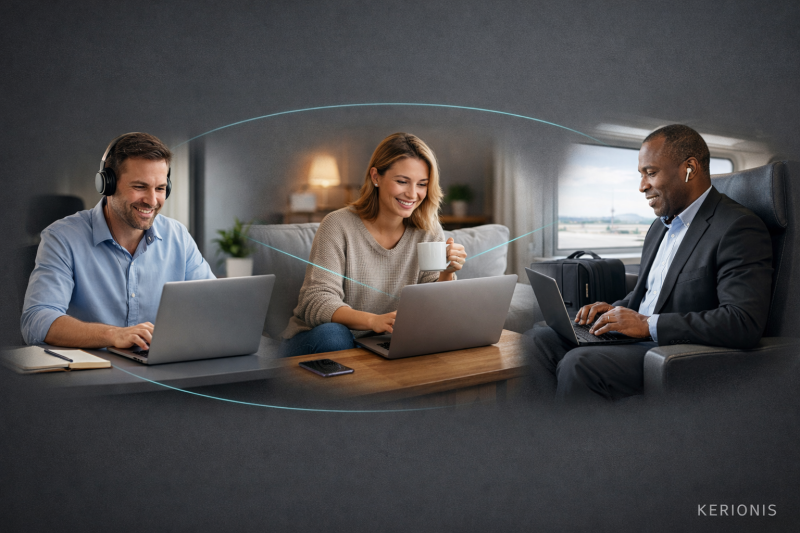 3 situations nomades, un bureau, à la maison, en train