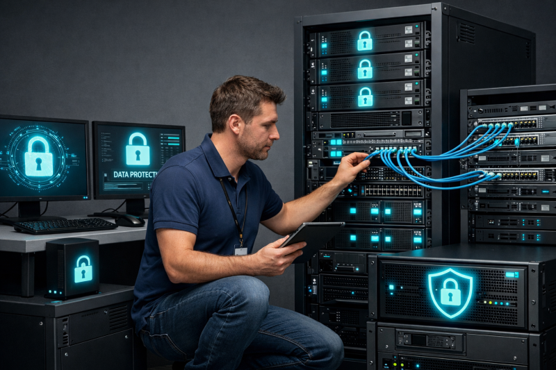 Un technicien verrifie les serveurs physique