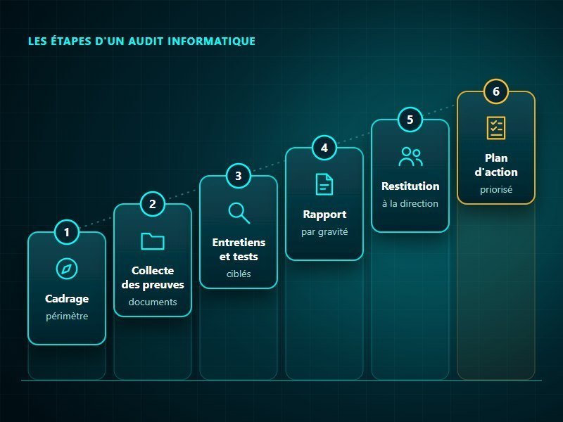 Les étapes d'un audit informatique : cadrage, collecte des preuves, entretiens et tests, rapport, restitution et plan d'action