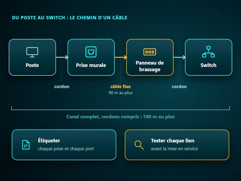 Du poste au switch : cordon, câble fixe de 90 m au plus, panneau de brassage, canal de 100 m au plus