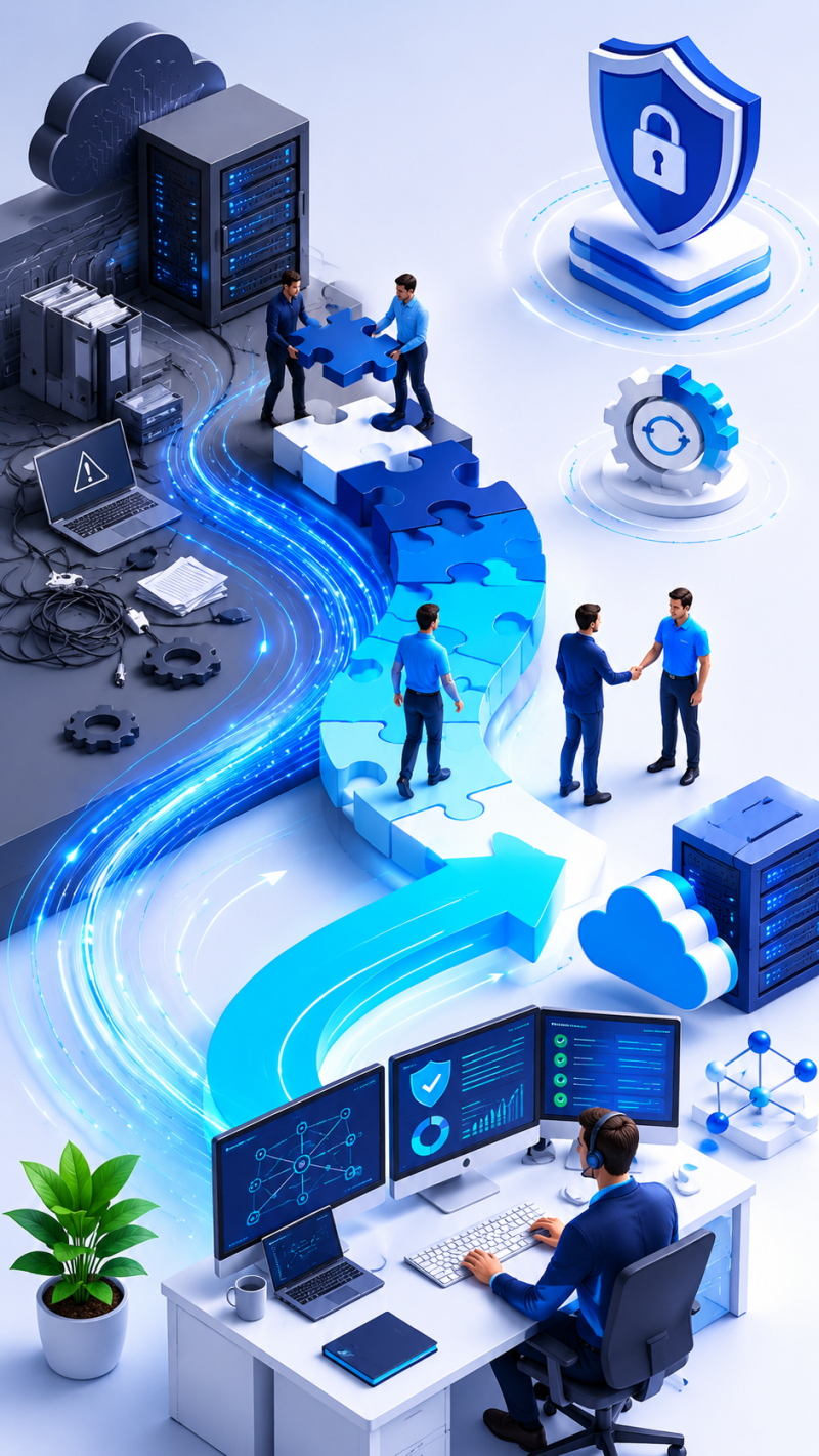 Processus de changement de prestataire d'infogérance avec KERIONIS, MSP en Ille-et-Vilaine : audit de l'existant, transition organisée et stabilisation, sans interruption de service.