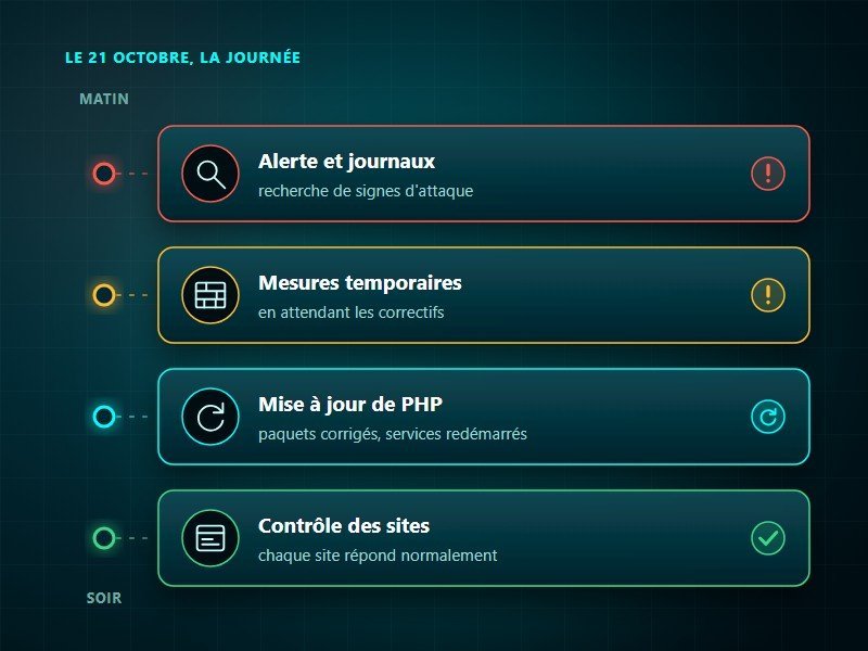 Chronologie du 21 octobre : alerte, mesures temporaires, mise à jour de PHP et contrôle
