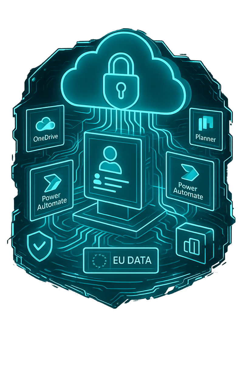 Illustration des services cloud et de sécurité Microsoft 365 avec OneDrive, SharePoint, Power BI et Power Automate pour entreprises et collectivités à Rennes et en Ille-et-Vilaine