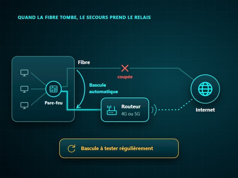 Connexion internet d'entreprise : quand la fibre est coupée, la bascule automatique fait passer le trafic par un routeur 4G ou 5G de secours