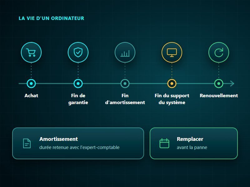 Durée de vie d'un ordinateur sur une frise : achat, fin de garantie, fin d'amortissement, fin du support du système, puis renouvellement