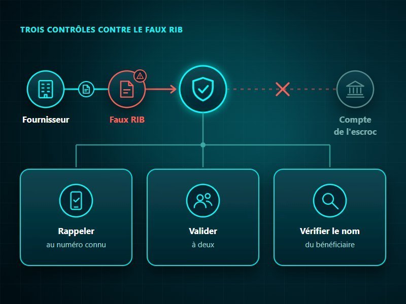 Fraude au faux RIB : la facture du fournisseur, interceptée, porte le RIB de l'escroc ; trois contrôles bloquent le virement : rappel sur un numéro connu, validation à deux, vérification du nom du bénéficiaire