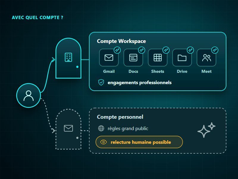 Gemini en entreprise, deux portes d'entrée : avec un compte Workspace, Gemini dans Gmail, Docs, Sheets, Drive et Meet sous les engagements professionnels de Google ; avec un compte personnel, les règles grand public et une relecture humaine possible des discussions