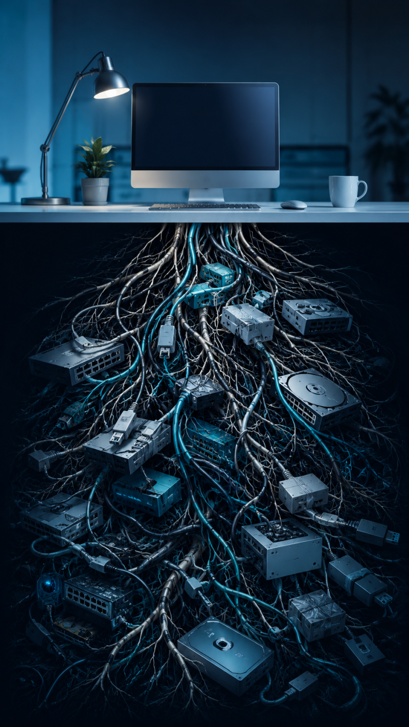Infrastructure informatique complexe et désorganisée représentée par des câbles et équipements enchevêtrés sous un bureau.