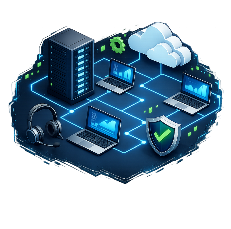 Schéma illustrant le périmètre de l'infogérance informatique  pour une PME : postes, serveurs, cloud, sécurité et support