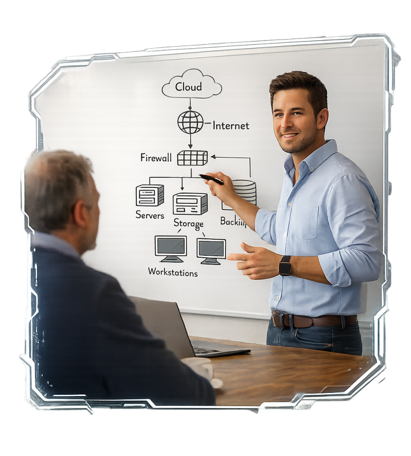 Maxime Vannier, fondateur de KERIONIS, explique l'approche  d'infogérance proactive à un dirigeant de PME bretonne