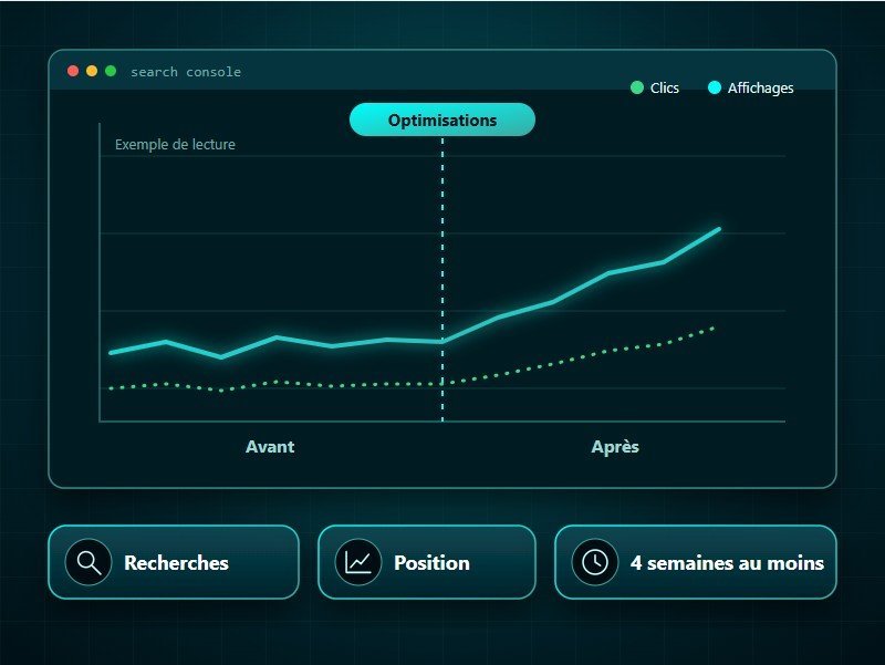 Mesure du référencement dans la Search Console de Google : recherches, position et clics, avant et après les optimisations