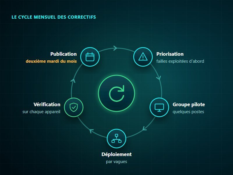 Patch management, le cycle mensuel des correctifs : publication le deuxième mardi du mois, priorisation des failles exploitées, groupe pilote, déploiement par vagues, puis vérification sur chaque appareil