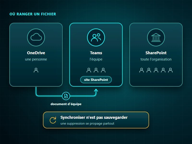 OneDrive et Teams : OneDrive pour les fichiers d'une personne, Teams et son site SharePoint pour ceux de l'équipe, SharePoint pour toute l'organisation ; un document d'équipe passe du OneDrive au canal Teams, et synchroniser n'est pas sauvegarder