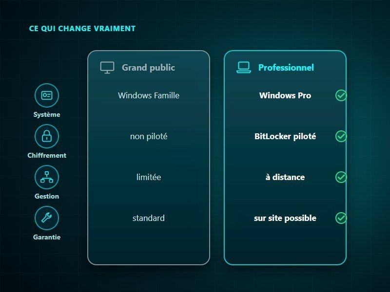 Comparatif PC grand public et ordinateur professionnel : Windows Famille ou Pro, chiffrement non piloté ou BitLocker piloté, gestion limitée ou à distance, garantie standard ou intervention sur site
