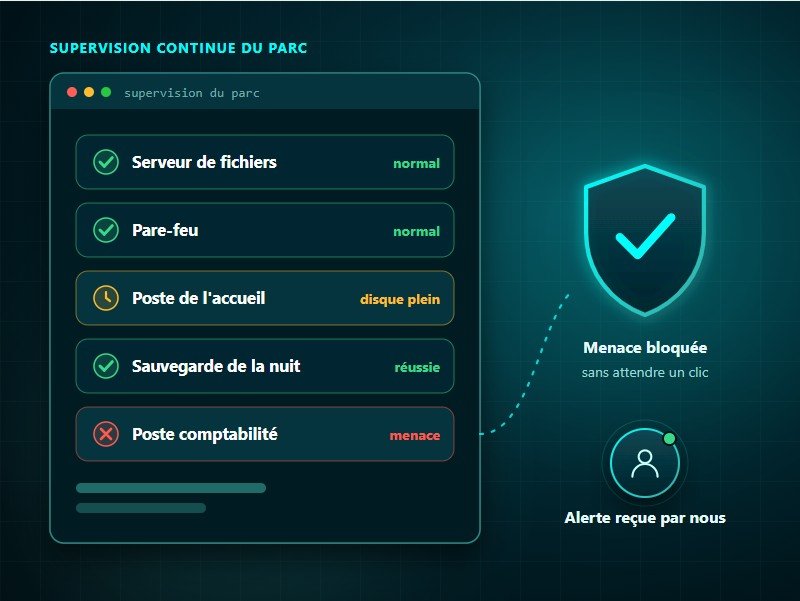 Pack Sécurité KERIONIS : supervision continue des postes, serveurs et réseau avec RG System, protection Bitdefender qui bloque les menaces