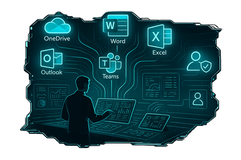 Illustration des avantages de Microsoft 365 avec KERIONIS : productivité, sécurité, flexibilité des licences et accompagnement personnalisé pour entreprises et collectivités à Rennes et en Ille-et-Vilaine
