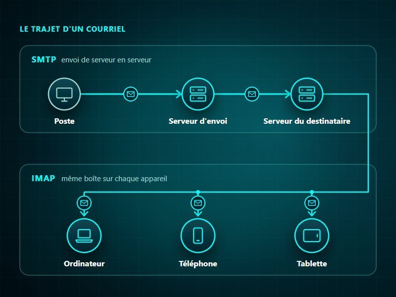 Protocoles de messagerie : le courriel part du poste en SMTP, passe de serveur en serveur jusqu'au serveur du destinataire, puis il est relevé en IMAP sur un ordinateur, un téléphone et une tablette synchronisés
