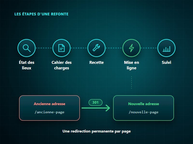 Étapes d'une refonte de site internet, de l'état des lieux au suivi, et redirection 301 de chaque ancienne adresse vers la nouvelle page