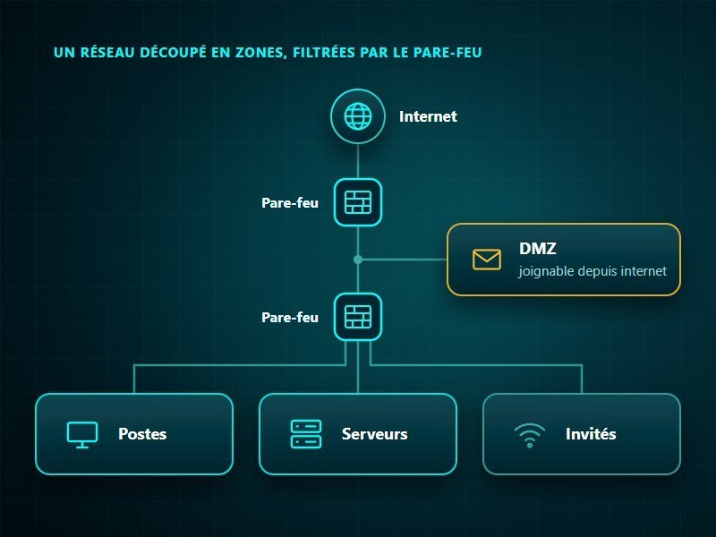 Réseau informatique d'entreprise découpé en zones : une DMZ entre deux pare-feu, puis les postes, les serveurs et les invités séparés derrière le pare-feu interne