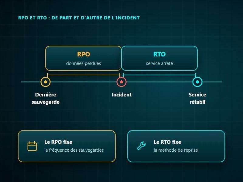 RPO avant l'incident, RTO après : données perdues depuis la dernière sauvegarde et durée d'arrêt du service