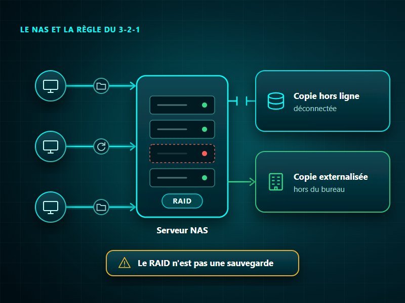 Serveur NAS au centre du réseau : les postes y enregistrent leurs dossiers partagés et leurs sauvegardes, le RAID couvre la panne d'un disque, une copie hors ligne et une copie externalisée hors du bureau le complètent