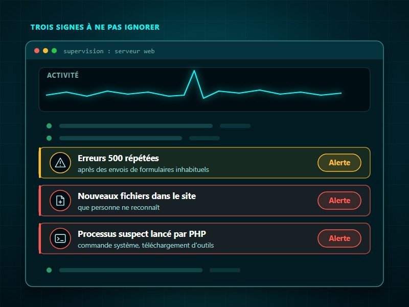 Signes de compromission d'un serveur PHP : erreurs, fichiers nouveaux, processus suspects