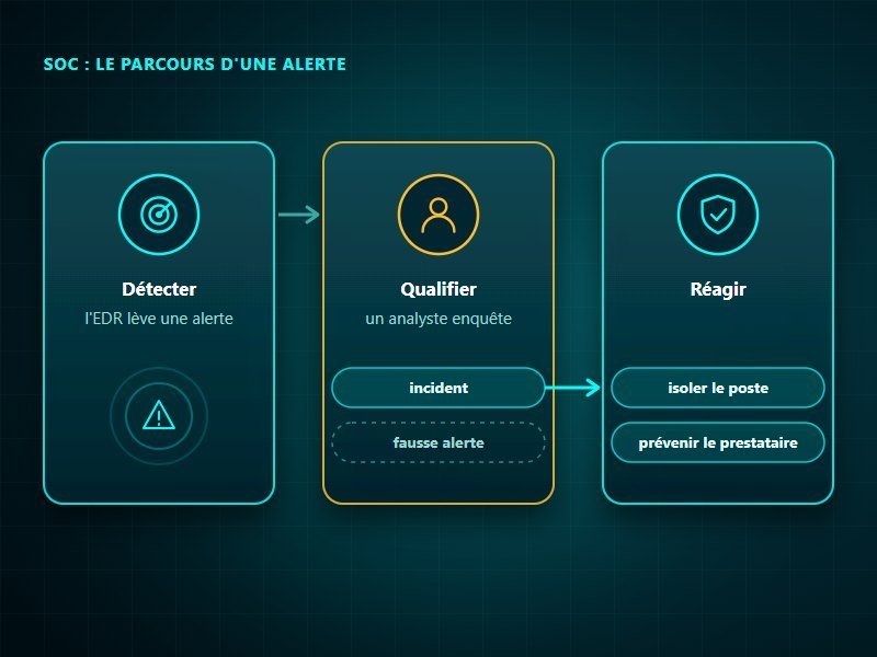 Le parcours d'une alerte dans un SOC : l'EDR la lève, un analyste la qualifie, puis le poste est isolé et le prestataire prévenu