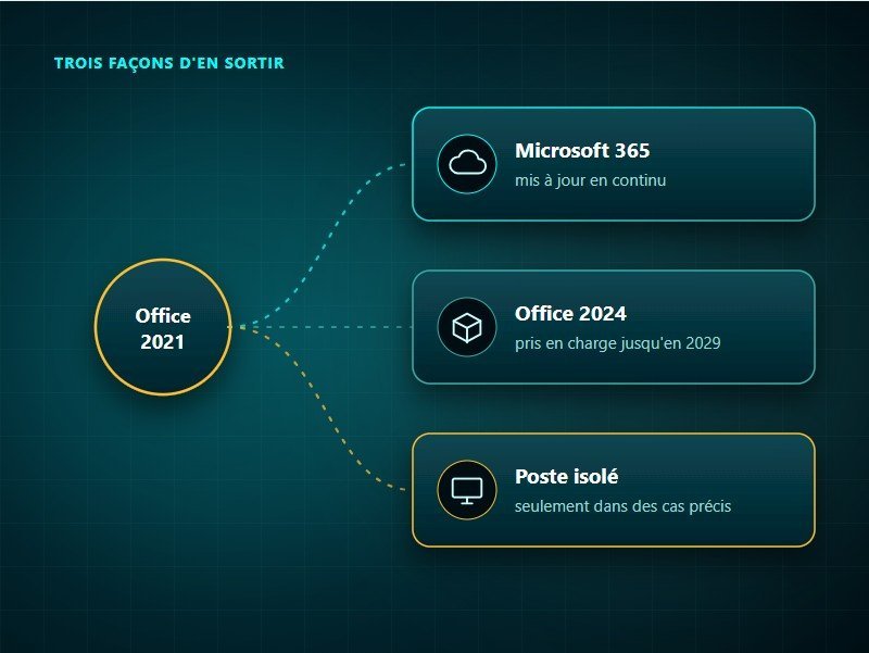 Trois solutions après la fin du support d'Office 2021 : passer à Microsoft 365, choisir Office 2024 ou isoler le poste