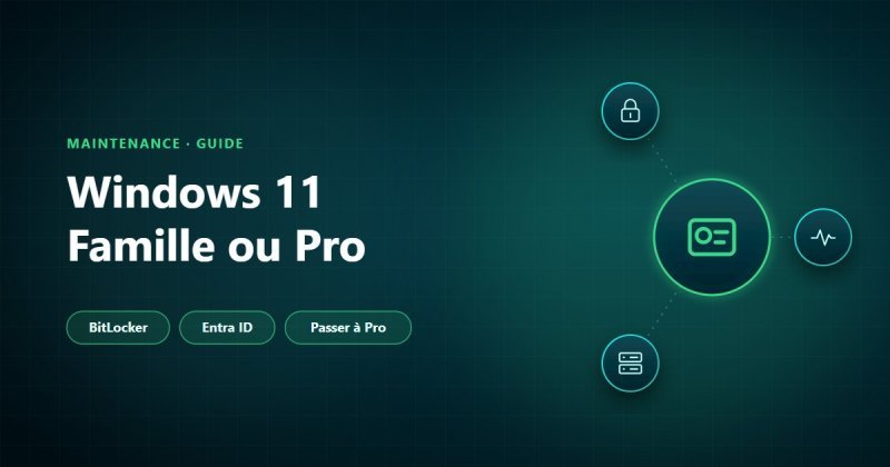 Windows 11 Famille ou Pro : ce que l'édition Pro ajoute en entreprise, BitLocker, Entra ID et stratégies de groupe, et le passage de Famille à Pro